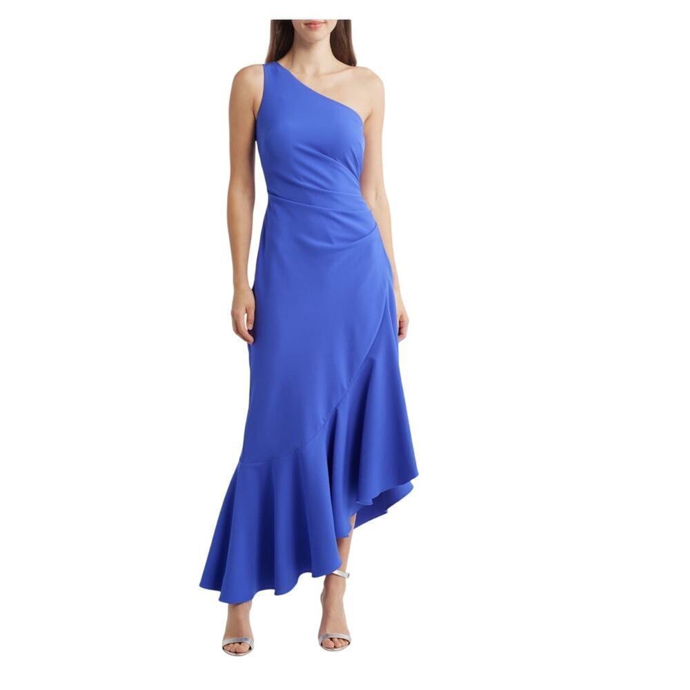 Eliza J one shoulder midi asymmetrical cocktail dress blue 4